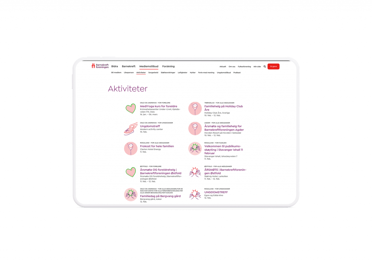 Tablet-mockup – Barnekreftforeningen aktiviteter og arrangementer