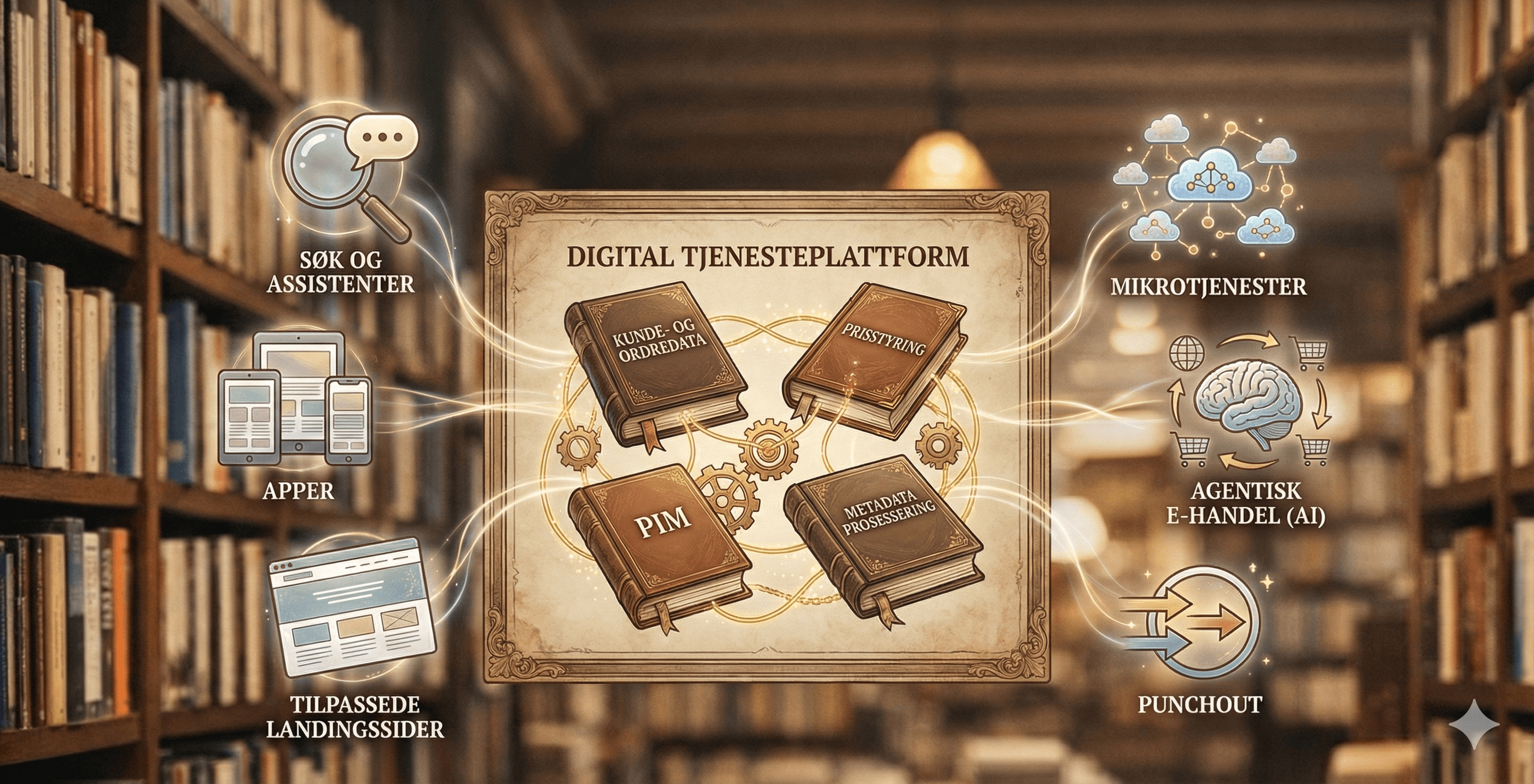 Diagram over Digital Tjenesteplattform i bokbransjen — et datalag mellom fagsystemer og brukerflater