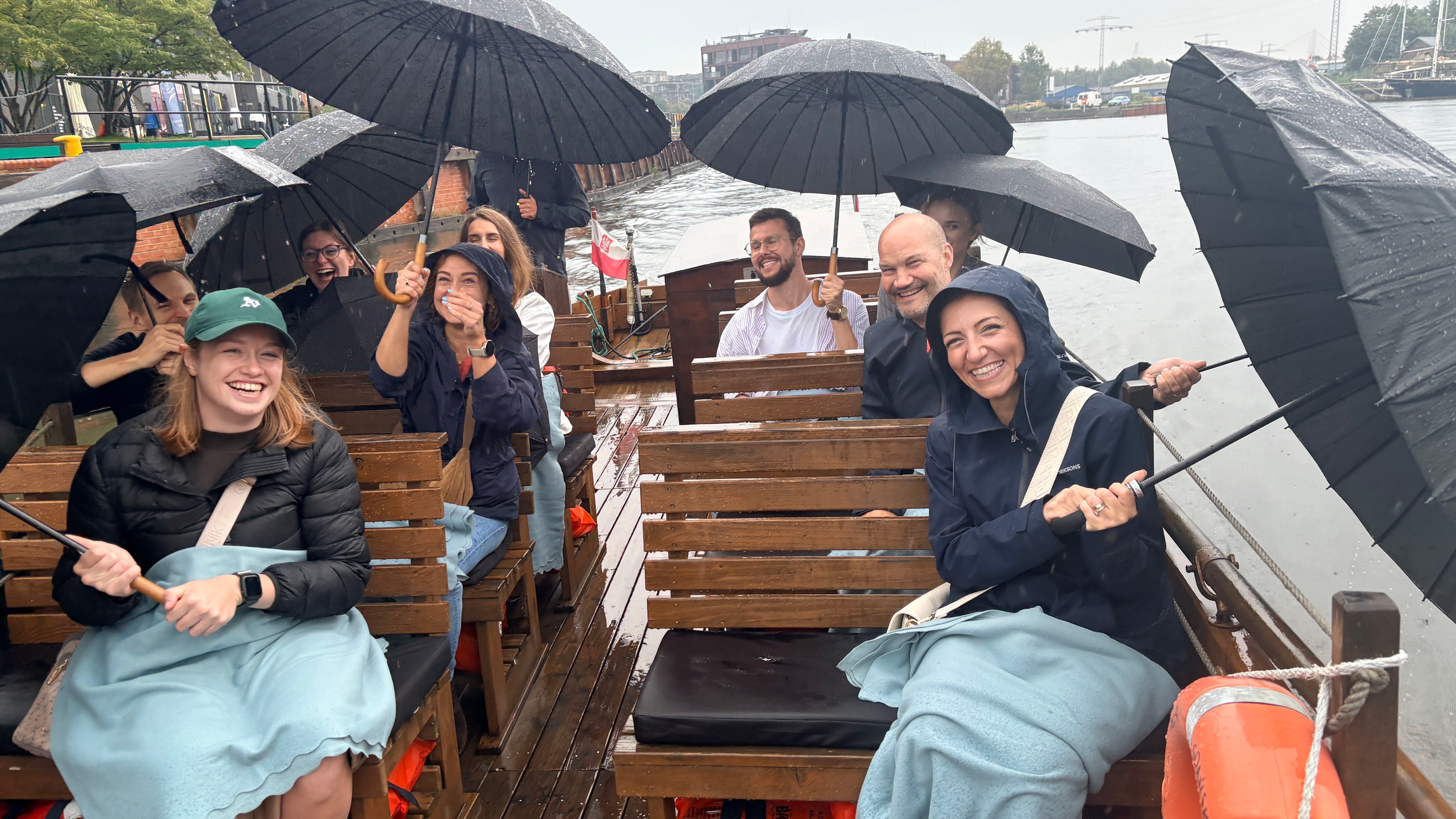 The Gdańsk team on a boat trip in the rain