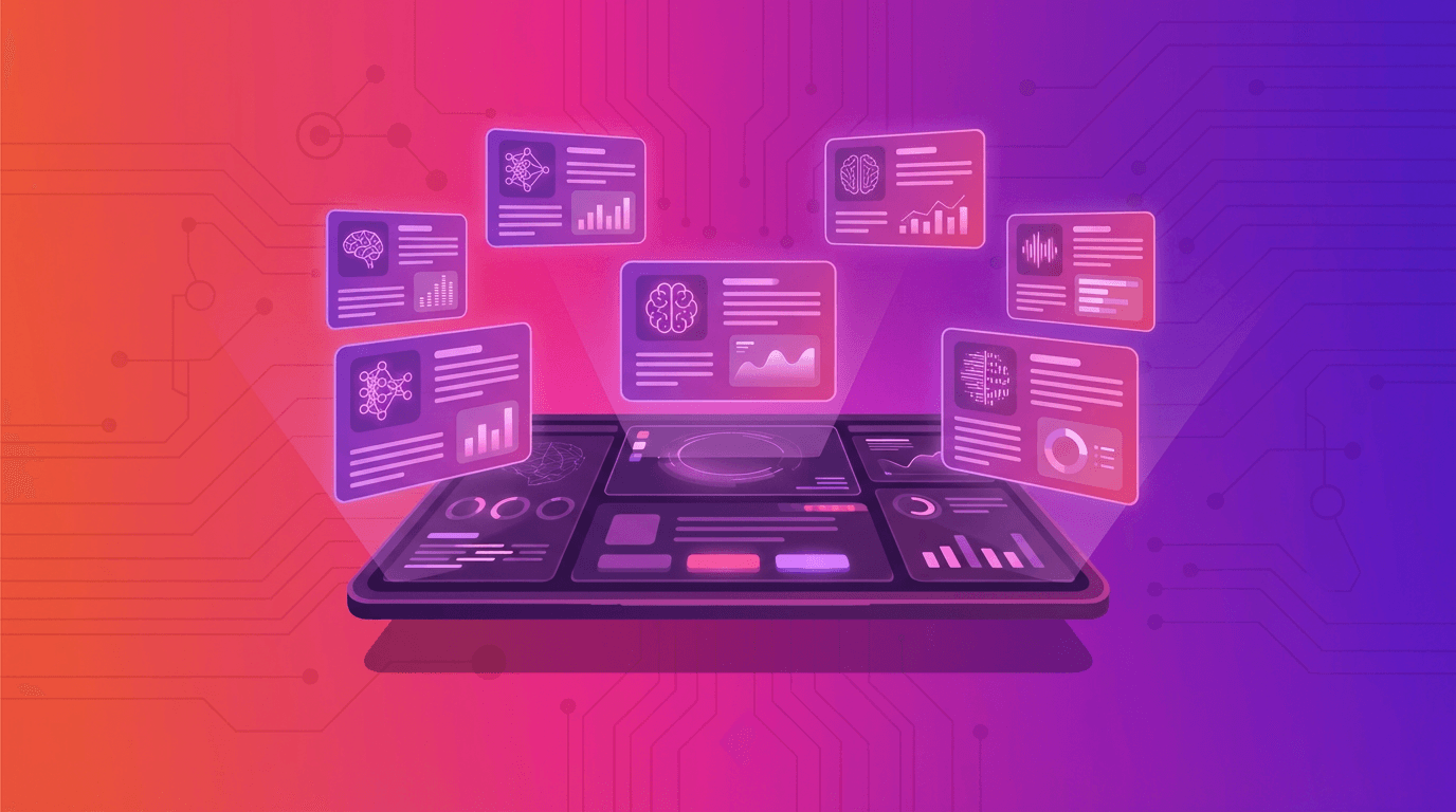 Mørkt AI-dashboard med syv flytende nyhetskort