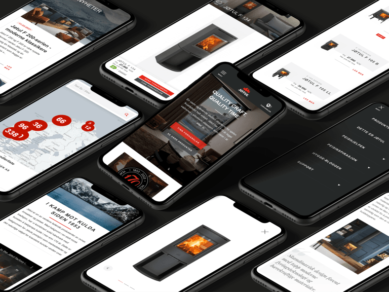 Jøtul mobilnettsted vist på flere enheter på tvers av språk og markeder
