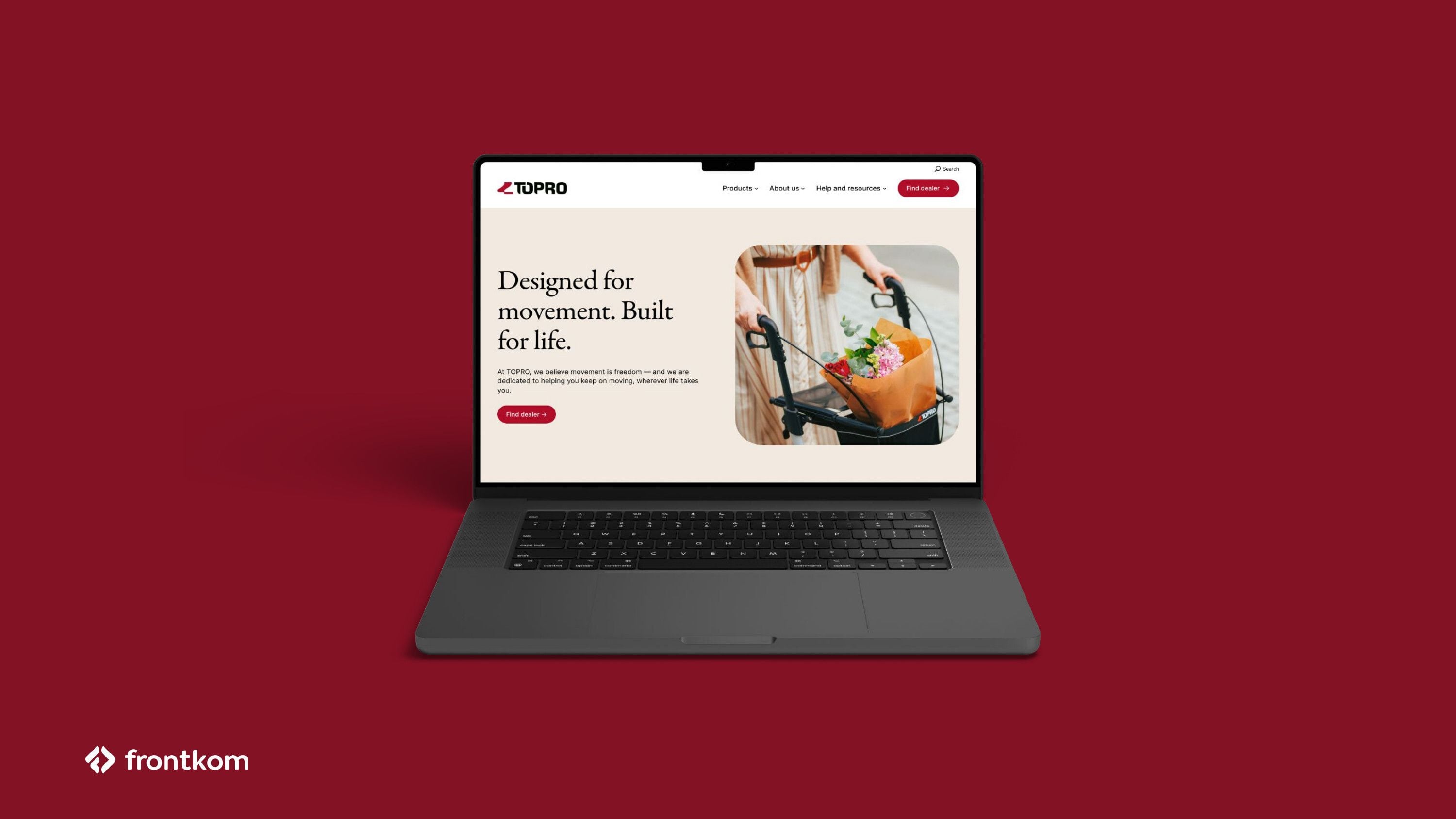 TOPROs nye nettside vist på laptop, med forsiden og hovedbudskapet «Designed for movement. Built for life.»