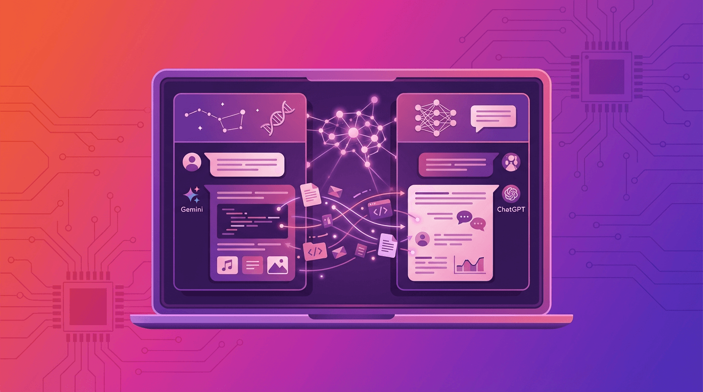 Gemini og ChatGPT side om side på en skjerm med nevrale nettverk og datastrømmer
