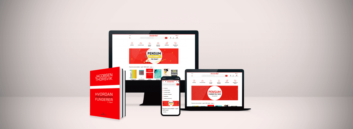 Akademika nettbutikk vist på desktop, nettbrett og mobil