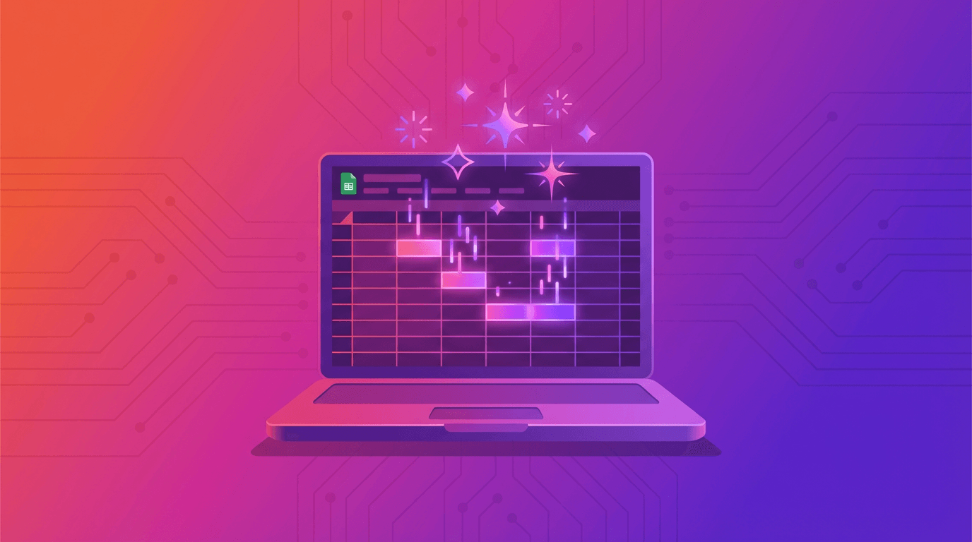 Laptop med Google Sheets-regneark og glødende AI-symboler
