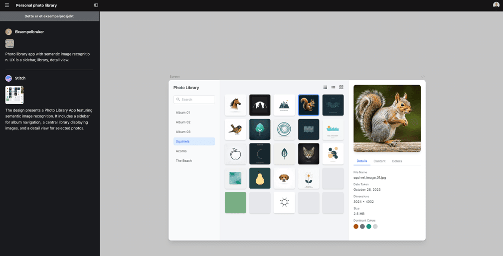 Skjermbilde fra Google Stitch som viser et KI-generert fotoalbum-grensesnitt