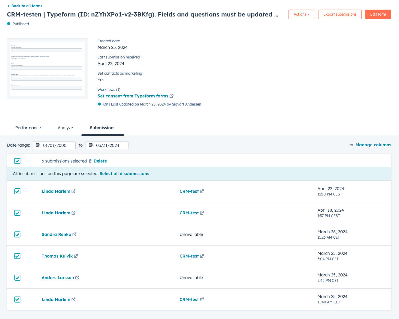 HubSpot nyhet! Slett forespørsler via skjema