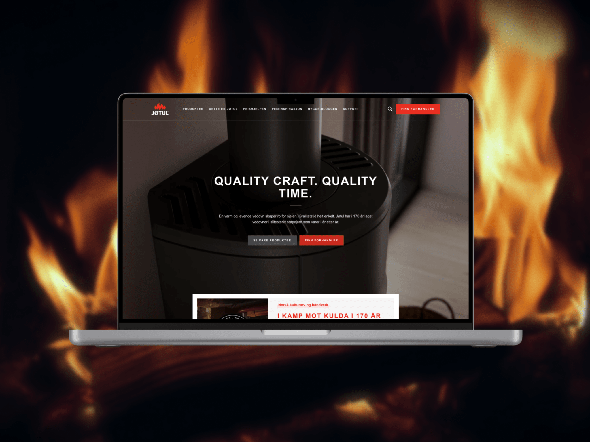 Jøtul nettside med dramatisk flamme i bakgrunnen