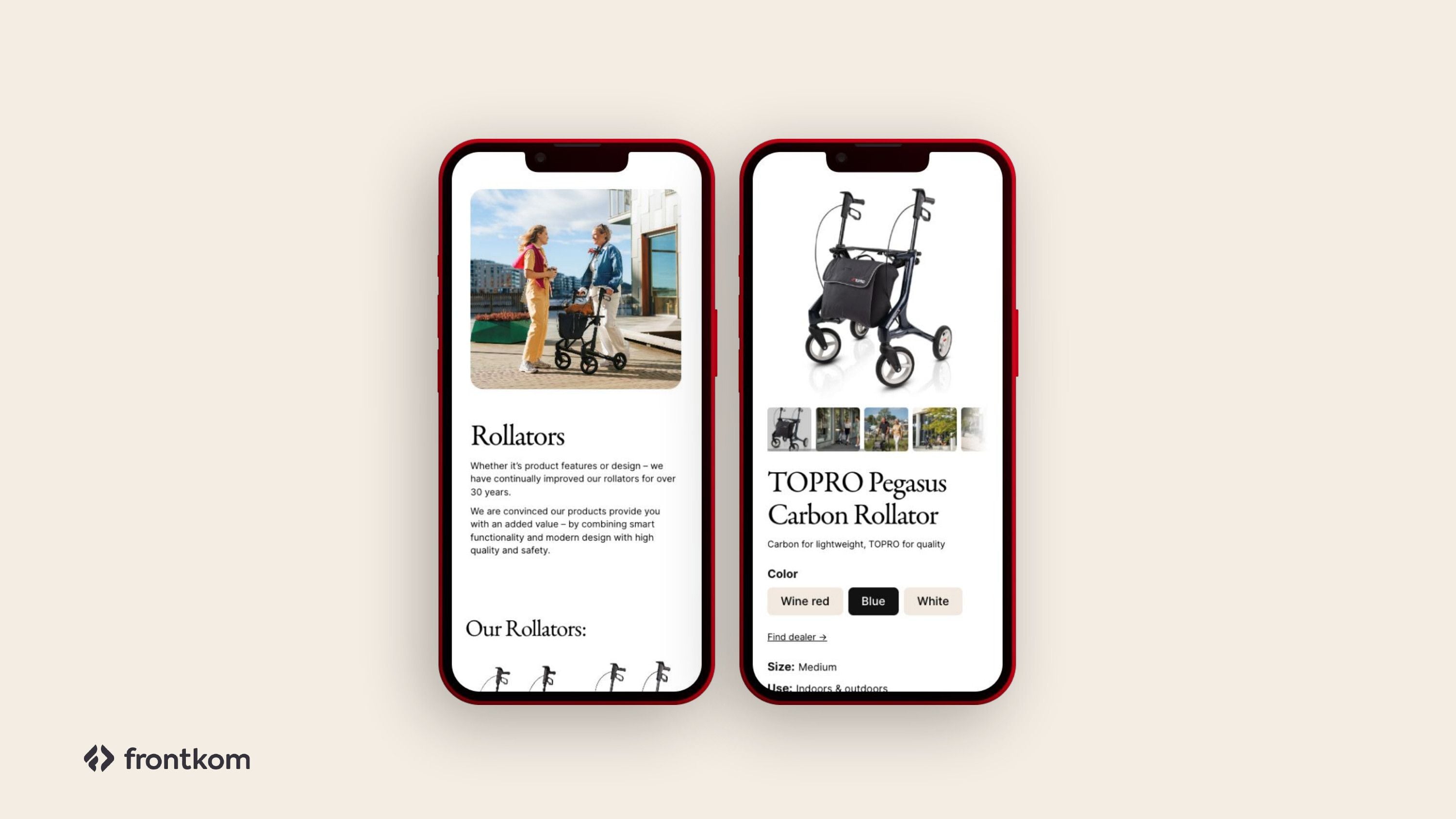 To mobilskjermer fra TOPROs nettside: oversikt over rullatorer og produktside for TOPRO Pegasus Carbon Rollator.